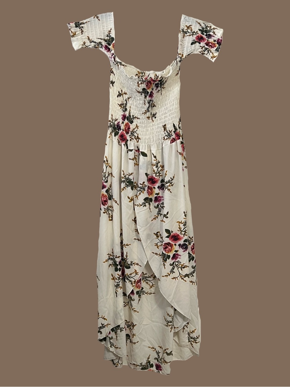 Source Unknown Cream Maxi Dress with Pink Floral Print